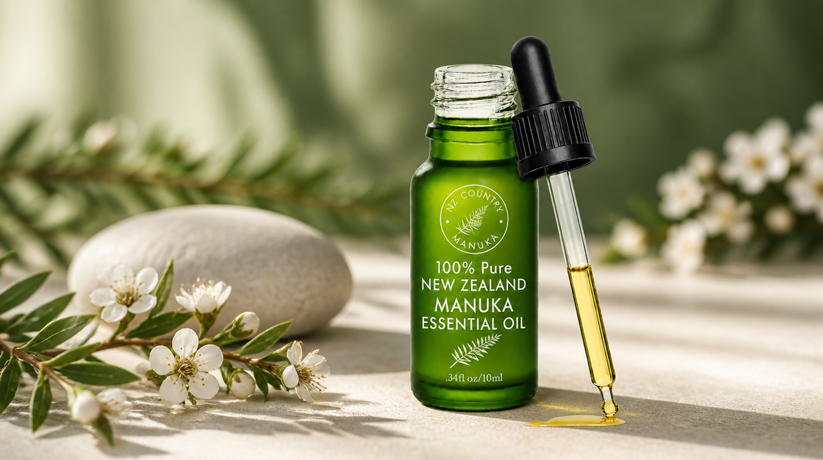 NZ Country East Cape Mānuka oil bottle with mānuka leaves on cream — best Mānuka oil 2026