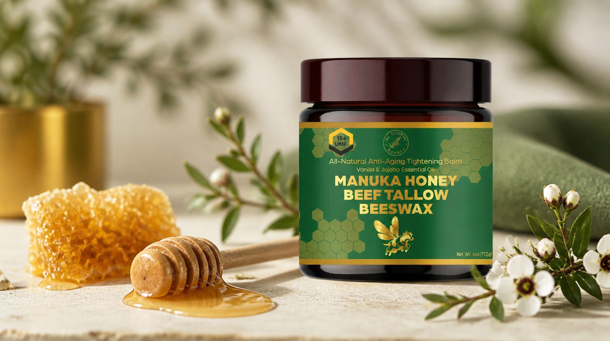 NZ Country Mānuka honey tallow balm jar with honeycomb — best Mānuka honey tallow balm 2026