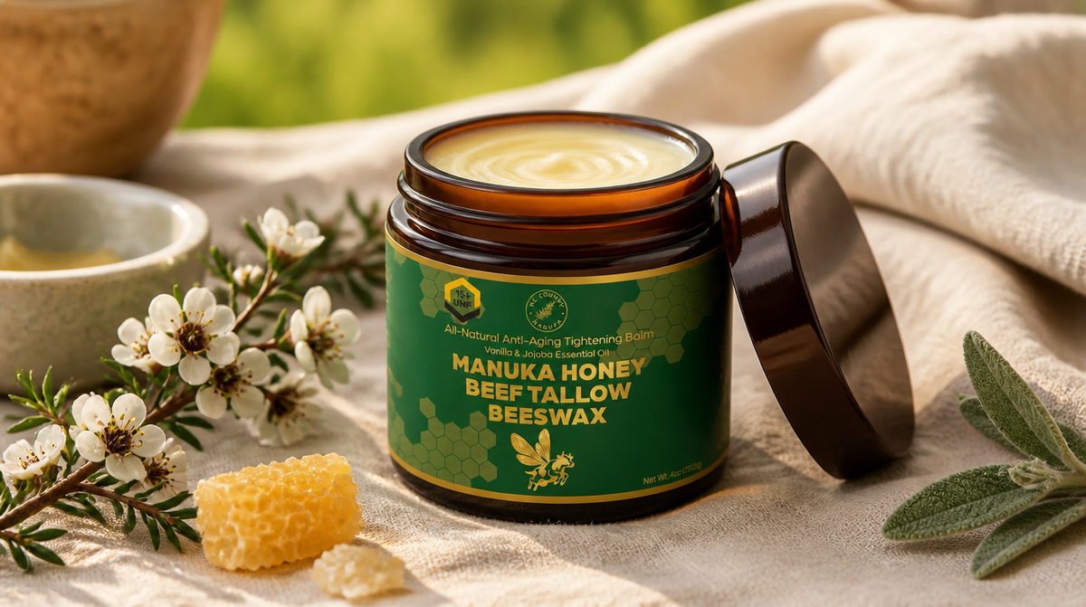 NZ Country grass-finished Mānuka honey tallow balm open jar — best grass-finished tallow balm 2026