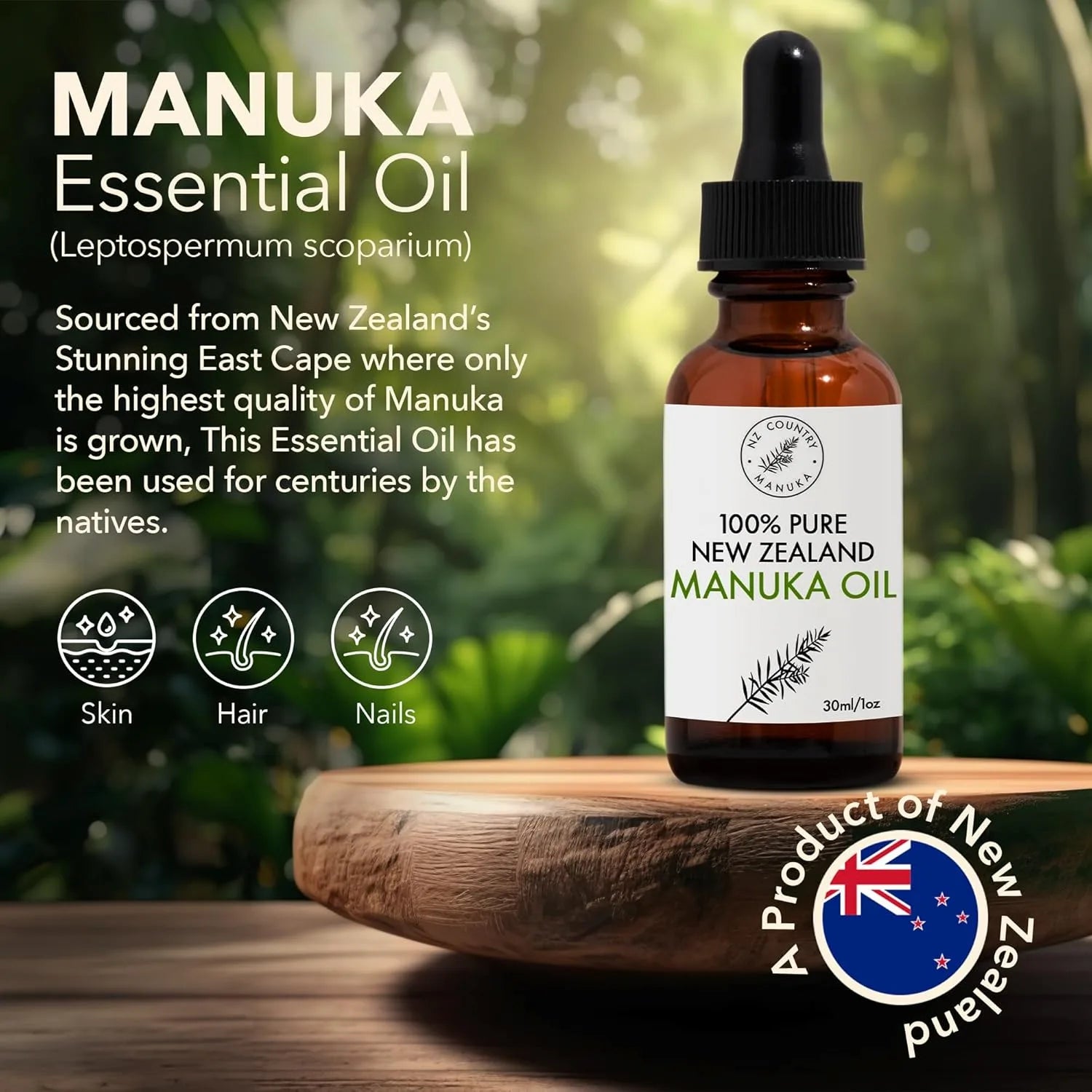 Manuka essential oil bottle on a wooden surface with greenery in the background