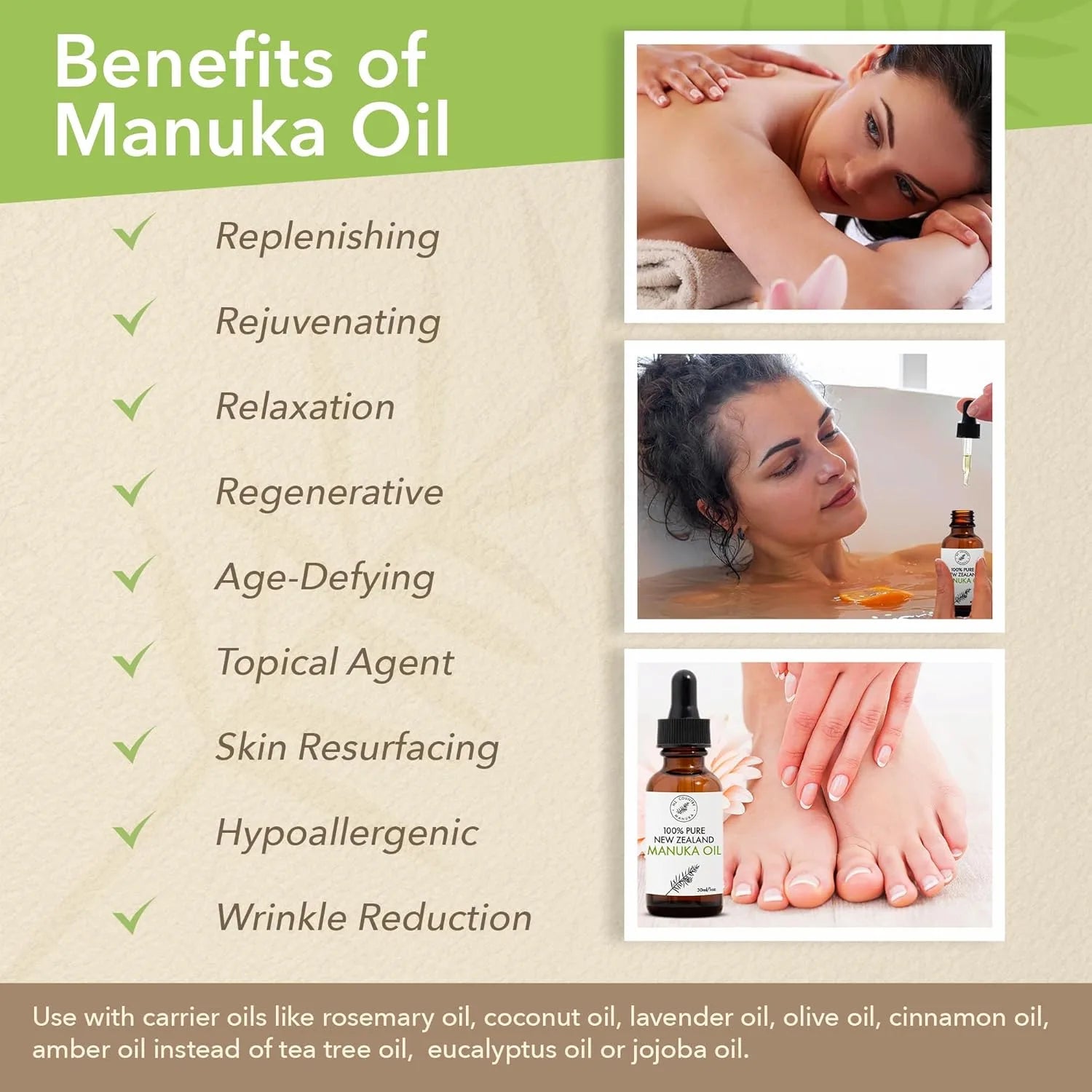 Benefits of Manuka Oil with images of a woman receiving a massage, using the oil, and a bottle of the oil.