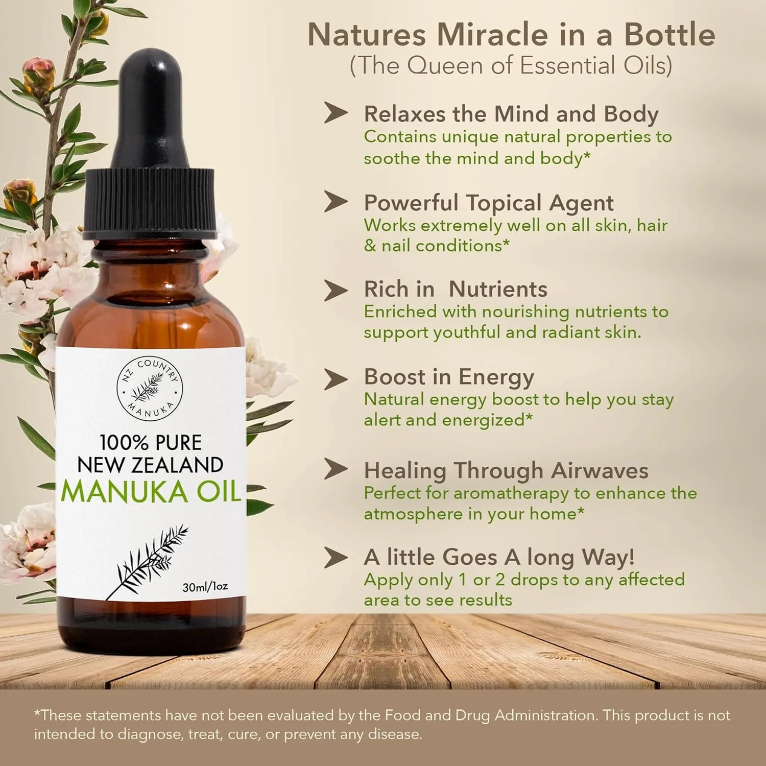 Manuka oil bottle with label and text about its benefits on a wooden surface.