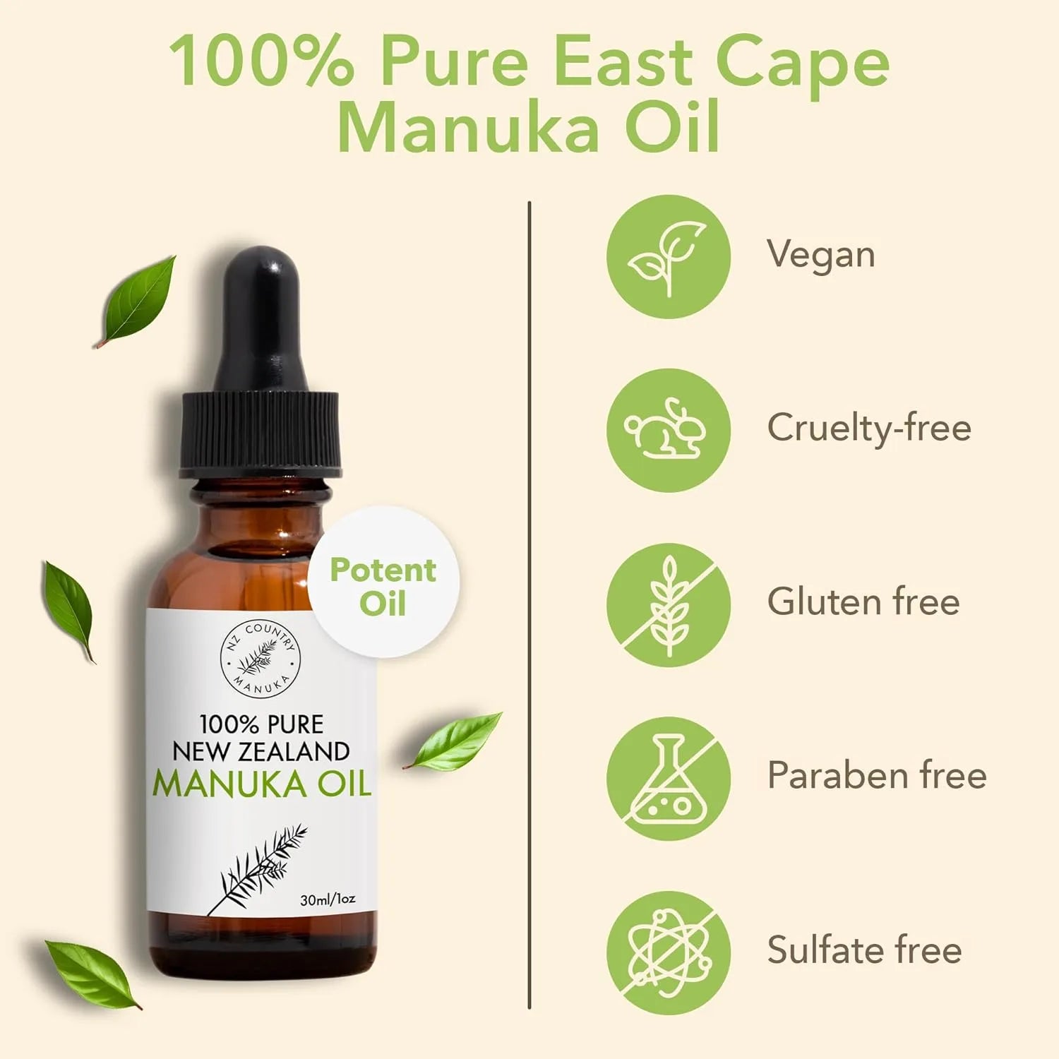 Bottle of 100% Pure East Cape Manuka Oil with certification icons on a beige background
