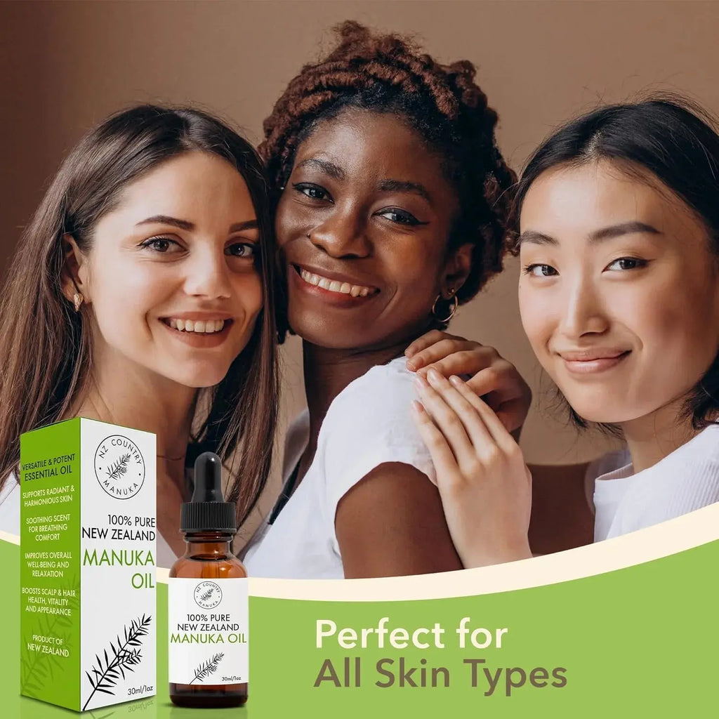 Three women smiling with a bottle and box of New Zealand Manuka oil on a beige background.