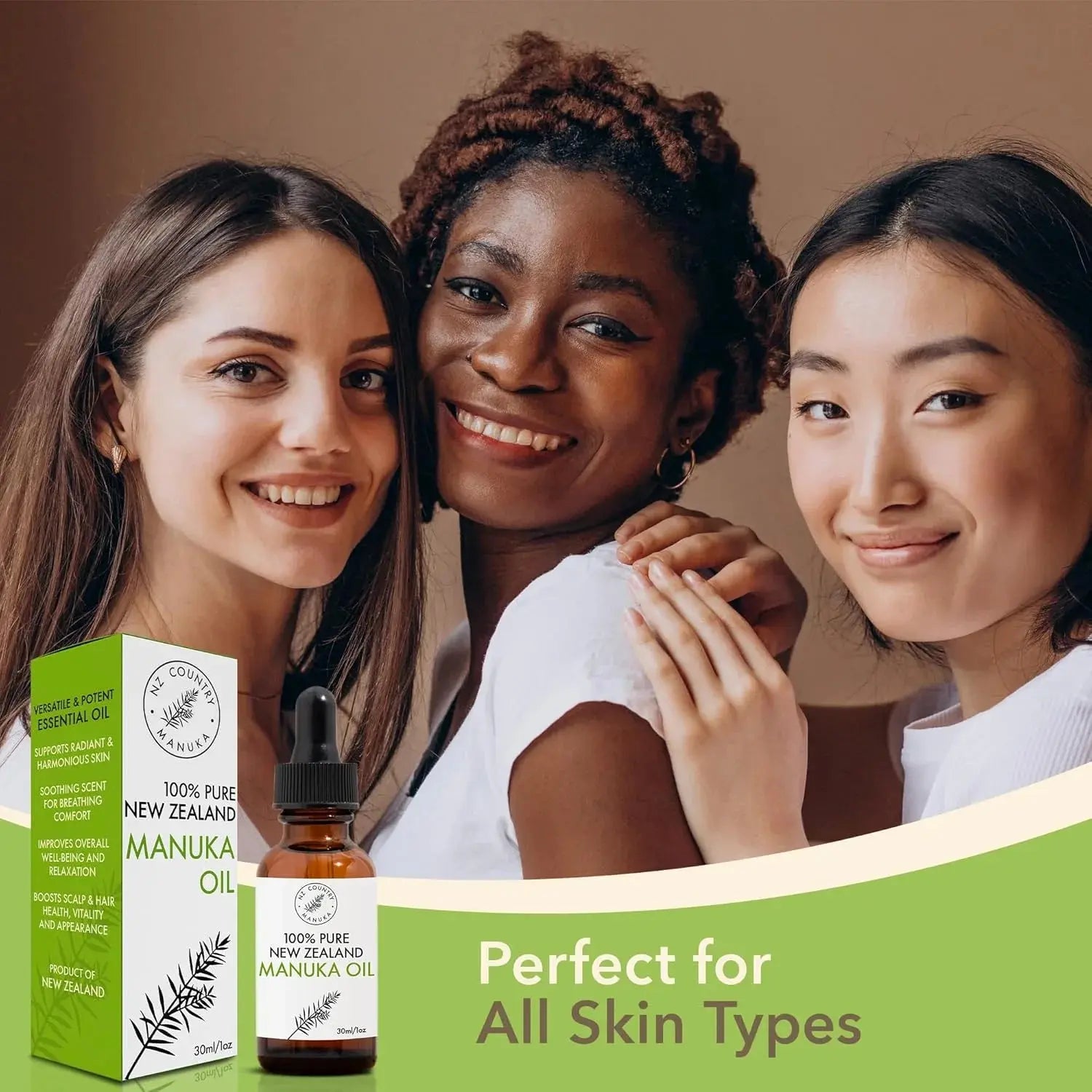 Three women smiling with a bottle and box of New Zealand Manuka oil on a beige background.