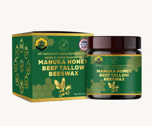 Mānuka Honey Tallow Balm UMF 15+ packaging and jar — grass-finished beef tallow and beeswax skincare