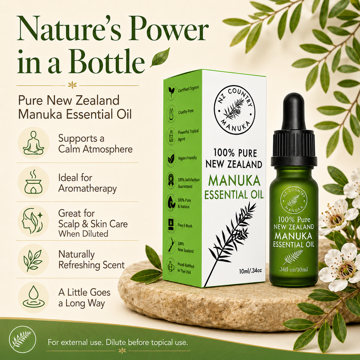 Pure Manuka Oil - 10ml 100% Organic NZ Essential Oil NZ Country Manuka