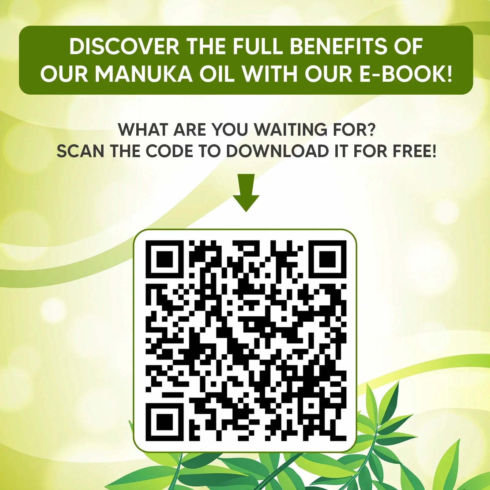 Promotional graphic for Manuka oil e-book with QR code on a green background