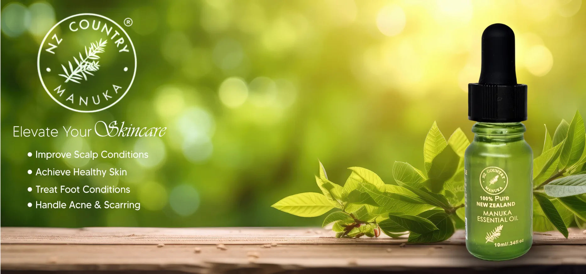 NZ Country Manuka Oil banner - therapeutic grade natural essential oil for chronic skin conditions
