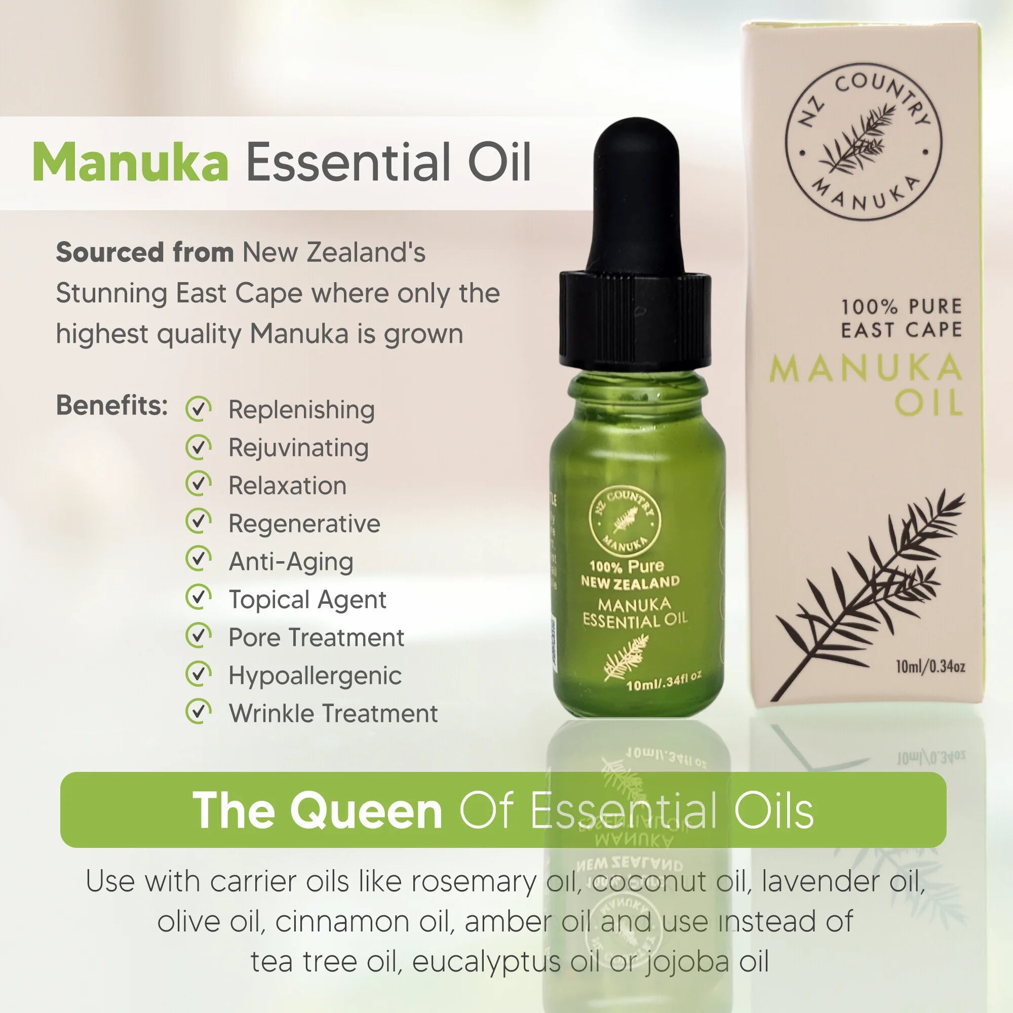 Manuka Oil benefits infographic - antifungal and anti-inflammatory properties for skin care
