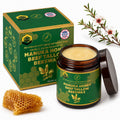 Manuka Honey Tallow Balm box, open jar with honeycomb and fresh manuka flowers